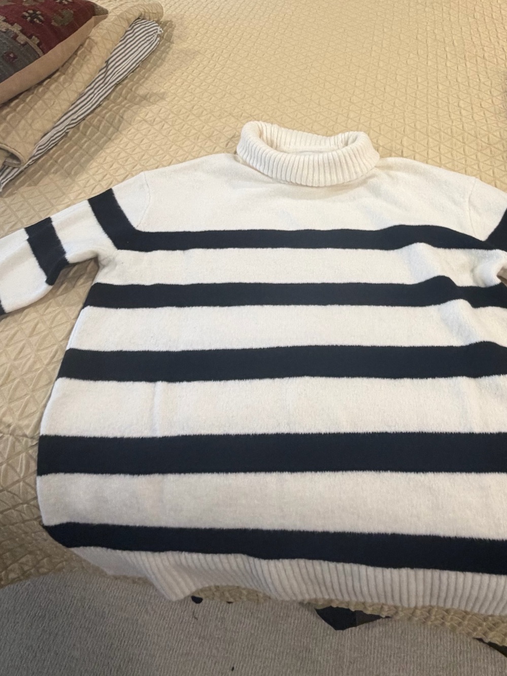 Pink Rose Ribbed Turtleneck and new striped sweater
